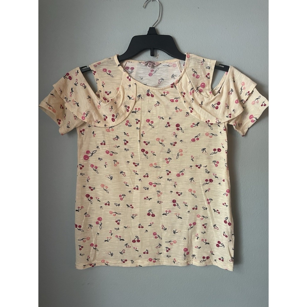 Juicy Couture Womens Blouse Medium Cherry Yellow Pink Black Blouse Cold Shoulder